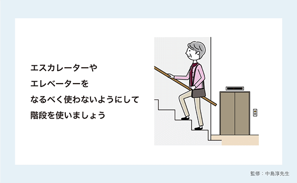 「エスカレーターやエレベーターをなるべく使わないようにして階段を使いましょう」イラスト